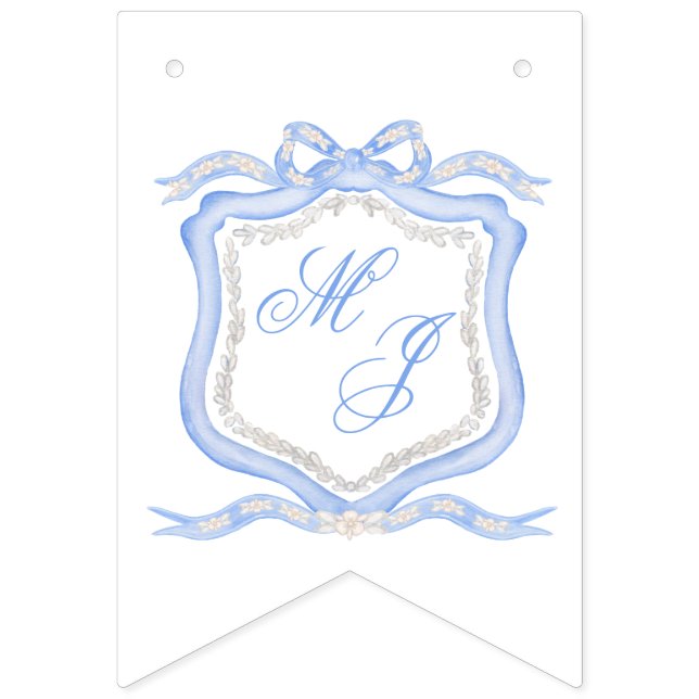Bannière À Fanions Aquarelle Designer Blue Monogram Crest Mariage (Premier drapeau)