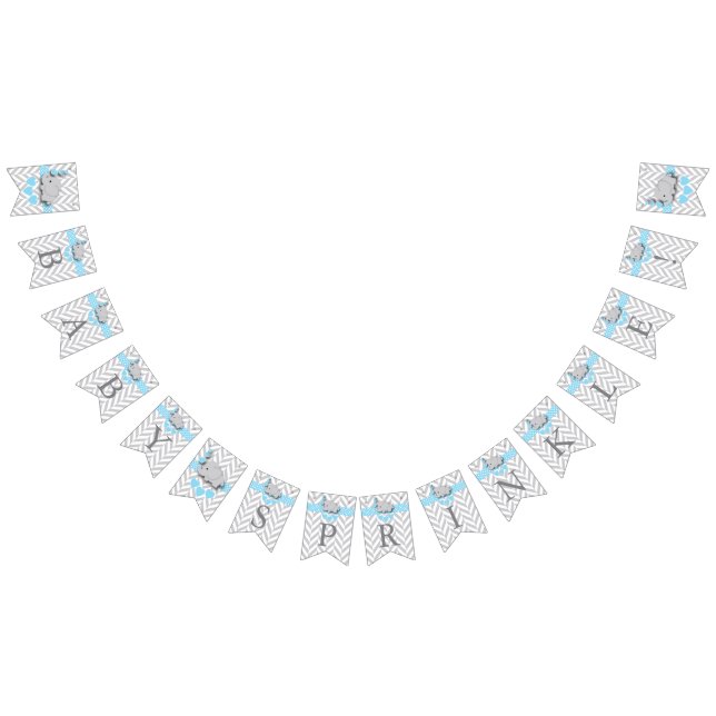 Bannière À Fanions Bébé Bleu, éléphant gris blanc Saupoudrée (Tout)