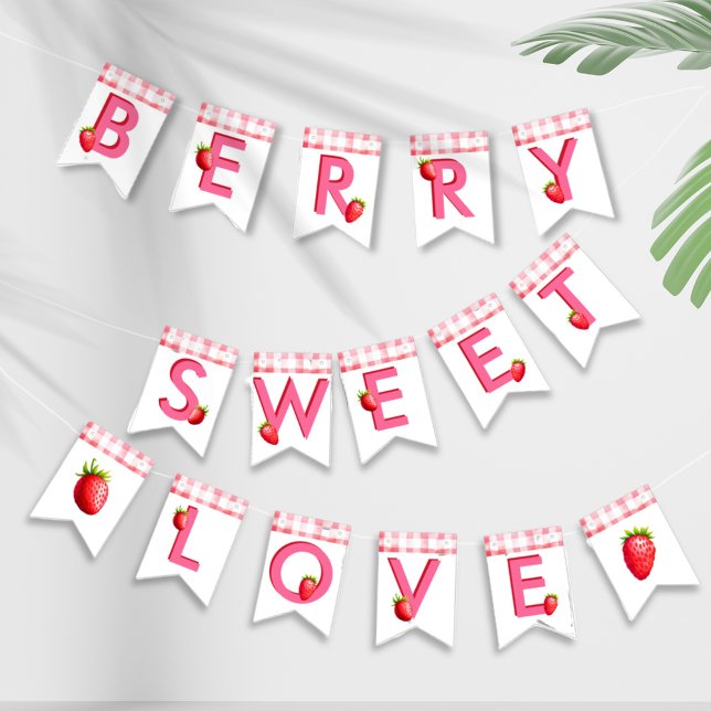 Bannière À Fanions Berry Sweet Love fraise En vichy rose Bach rouge (Berry Sweet Love Strawberry Gingham Country Chic flags bunting bachelorette hen party bride pink red)