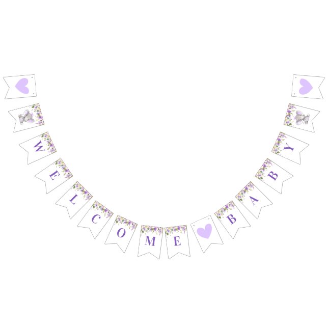 Bannière À Fanions Bienvenue Baby Purple Elephant Douche Parsemée (Tout)
