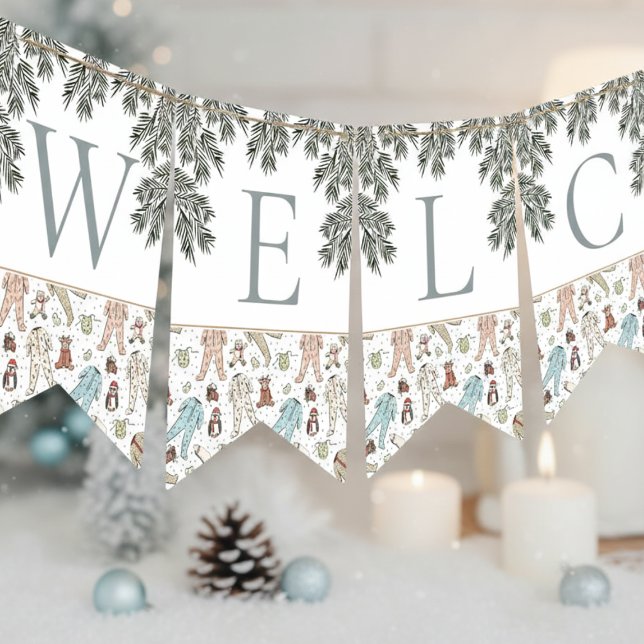 Bannière À Fanions Bienvenue Baby shower d'hiver de Noël pour bébé (Winter Christmas Baby Shower Bunting Flags. Cute Baby Pajamas, Penguin, Teddy Bear, Reindeer & Pine)