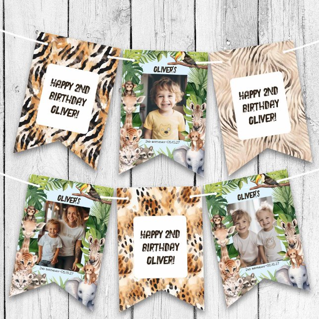 Bannière À Fanions Blue Jungle Safari Animaux Motif Anniversaire Phot (Safari Themed, Jungle Animals Any Age Birthday Photo Bunting flags for any age.)