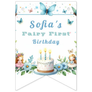 Bannière À Fanions Blue Pastel Butterfly Fairy First Birday -