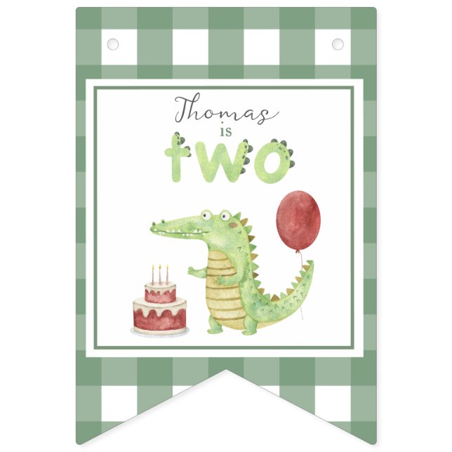 Bannière À Fanions Crocodile d'aquarelle 2e anniversaire (Premier drapeau)