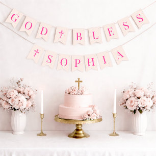 Bannière À Fanions Dieu bénisse fille rose 6 Lettres Baptême & Commun
