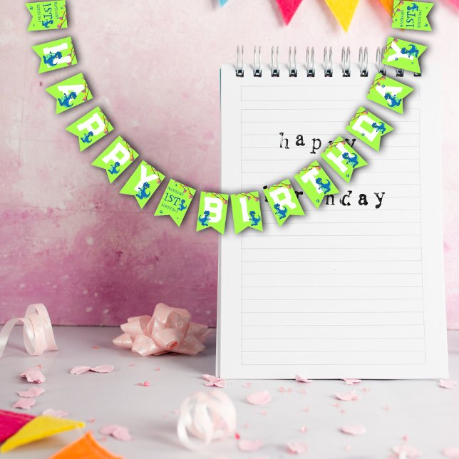 Bannière À Fanions Dinosaure Bleu Vert Soirée Anniversaire de enfant  (Green Blue Dinosaur Themed Kids Birthday Party Bunting Flags)