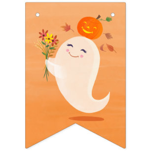 Bannière À Fanions Fantôme et fleurs d'Halloween mignons