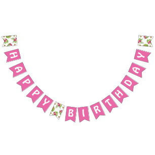 Bannière À Fanions Fête d'anniversaire tropicale luau aux fleurs rose