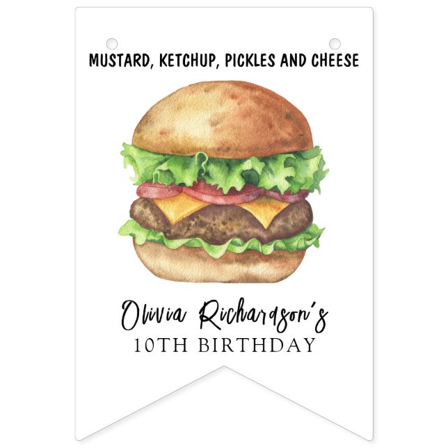 Bannière À Fanions Fête de hamburger aquarelle Anniversaire (Premier drapeau)