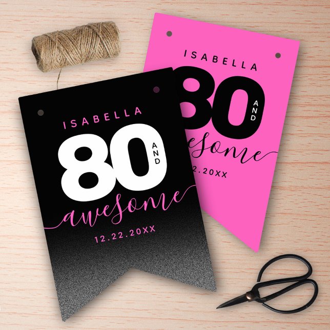 Bannière À Fanions Fille moderne rose 80 et stupéfiant (Girly Pink 80 and Awesome Her 80th Birthday Bunting Flags Cover Photo.)