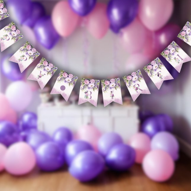 Bannière À Fanions Fleurs de Jardin Violet et Rose Joyeux anniversair (Purple & Pink Garden Flowers Happy Birthday Bunting Flags)