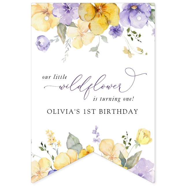 Bannière À Fanions Fleurs violettes, Fleurs Jaunes, Premier Anniversa (Premier drapeau)