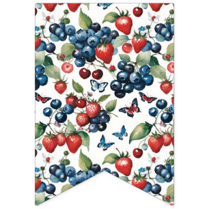 Bannière À Fanions Fraises avec myrtilles et papillons