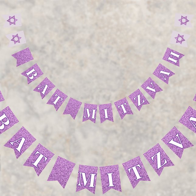 Bannière À Fanions Glam Purple Sparkle Girl Chic Elegant Bat mitzvah (Add these purple faux glitter bunting flags to your Bat Mitzvah party decorations for extra fun)