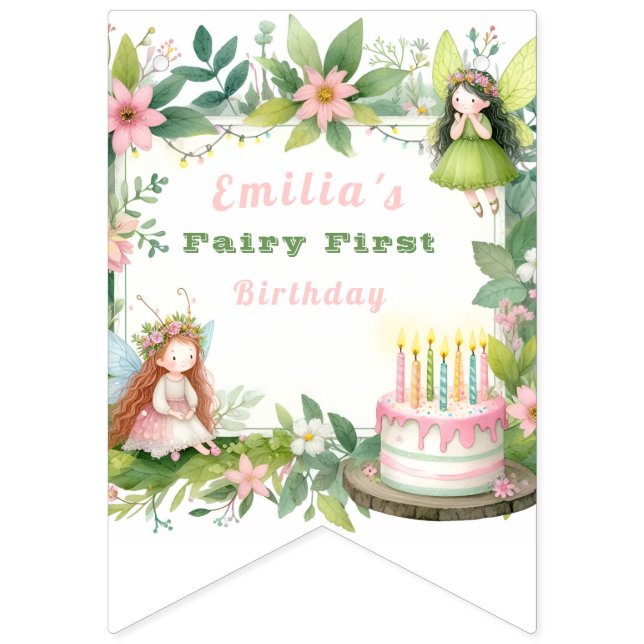 Bannière À Fanions Green Pastel Fairy Premier anniversaire - (Premier drapeau)