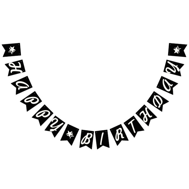 BANNIÈRE À FANIONS HEUREUX ANNIVERSAIRE ‹ WHITE SCRIPT TEXT ON BLACK (Tout)