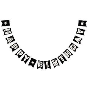 BANNIÈRE À FANIONS HEUREUX ANNIVERSAIRE ‹ WHITE TEXT ON NOIR ARRIÈRE