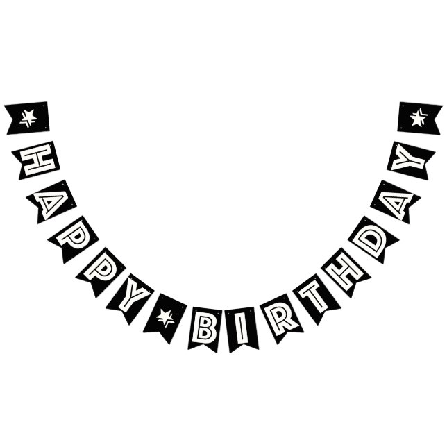 BANNIÈRE À FANIONS HEUREUX ANNIVERSAIRE ‹ WHITE TEXT ON NOIR ARRIÈRE  (Tout)