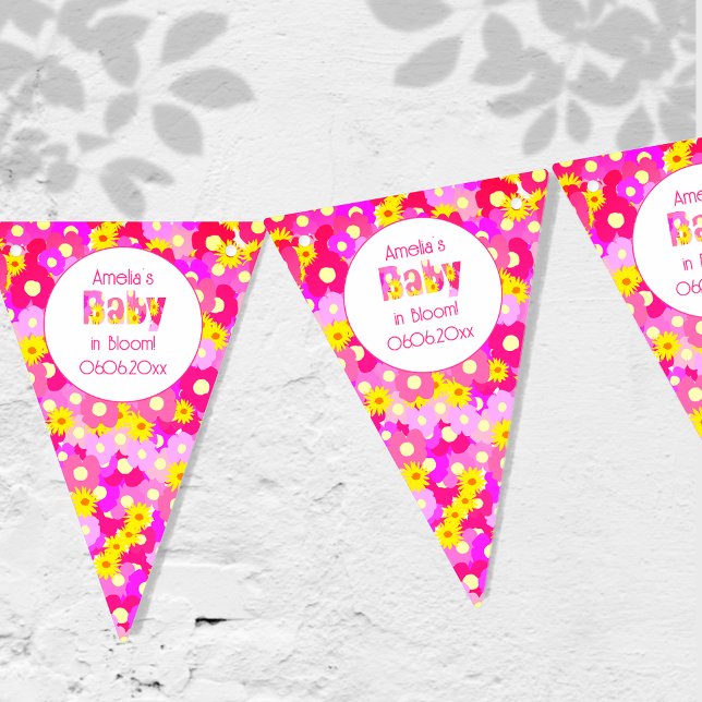 Bannière À Fanions Joli Baby shower Fleur Rose Personnalisé (Créateur téléchargé)