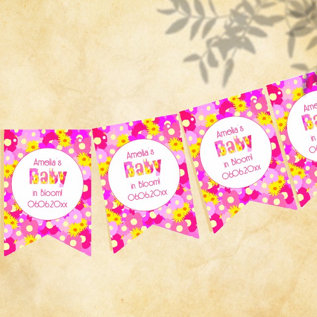 Bannière À Fanions Joli Baby shower Fleur Rose Personnalisé (Créateur téléchargé)