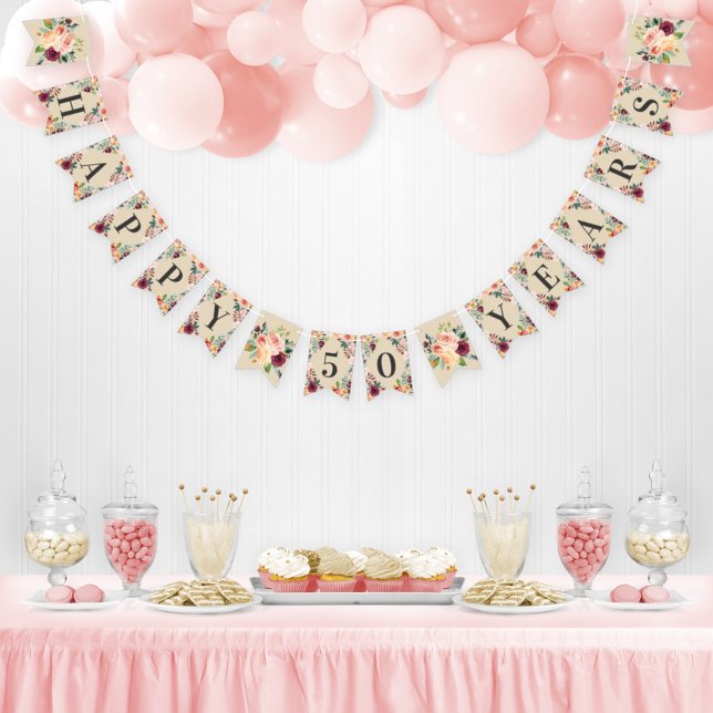 Bannière À Fanions Joyeux 50 Anniversaire Floral Rustique Chute Rose (Créateur téléchargé)