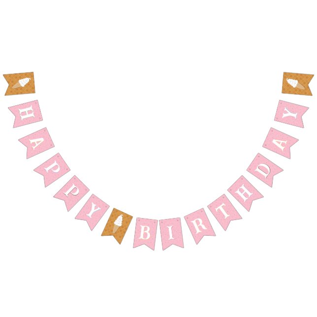 Bannière À Fanions Joyeux Anniversaire Crème de glace rose (Tout)