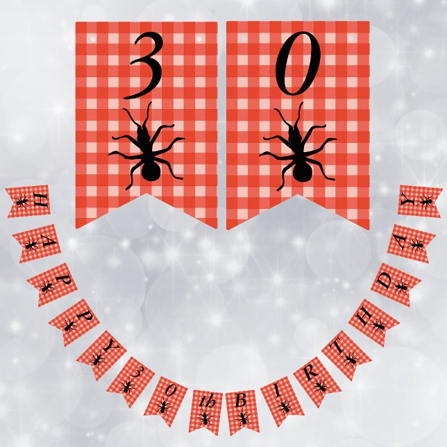 Bannière À Fanions Joyeux Anniversaire Grosse Chante Noire Rouge Blan (Big Black creepy ants on red white picnic tablecloth plaid pattern on Happy Birthday flag banner.)