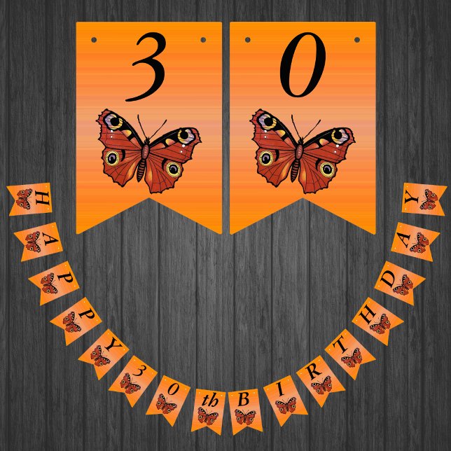 Bannière À Fanions Joyeux Anniversaire Joli papillon Monarque Orange (Monarch butterflies on shades of orange Happy Birthday bunting flag party banner.)
