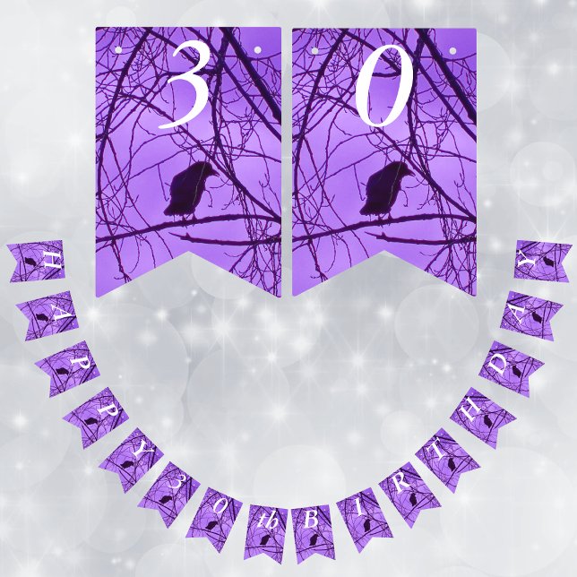Bannière À Fanions Joyeux Anniversaire Lone Black Crow dans les arbre (Silhouette of single black crow in spooky barren trees on purple Happy Birthday Party banner flags.)