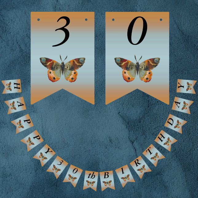 Bannière À Fanions Joyeux Anniversaire Monarque Papillon Blues Orange (Monarch butterflies in oranges and blues on Happy Birthday bunting flag party banner.)