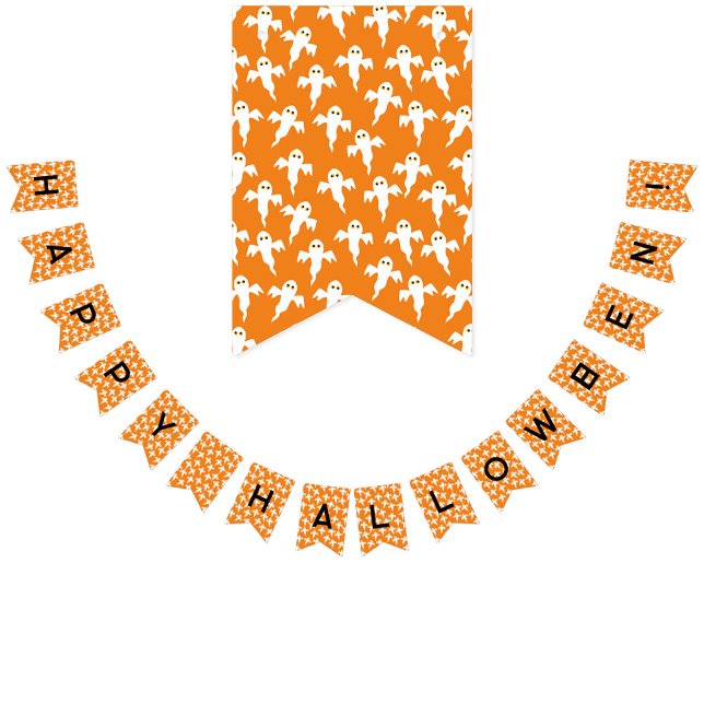 Bannière À Fanions Joyeux Motif du fantôme d'Halloween (Fun ghost pattern orange bunting flag garland with Happy Halloween! text)