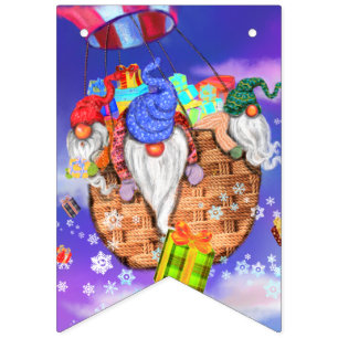 Bannière À Fanions Lutins de Noël volant un ballon et offrant des cad