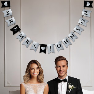 Bannière À Fanions Mariage Black Faux Silver Foil Coeurs M et Mme