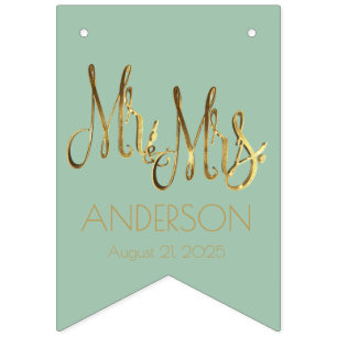 Bannière À Fanions Mariage Pale Mint Green et Faux Gold Foil