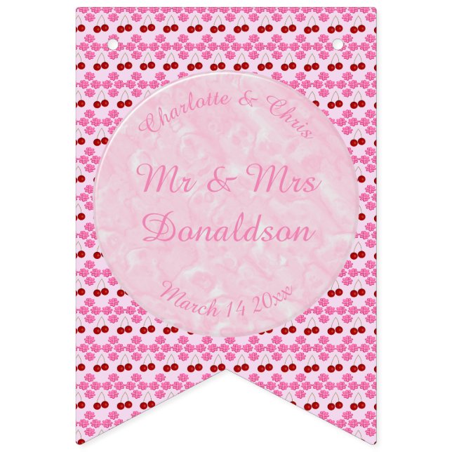 Bannière À Fanions Mariage rose Printemps Cerisiers en fleurs et ceri (Premier drapeau)