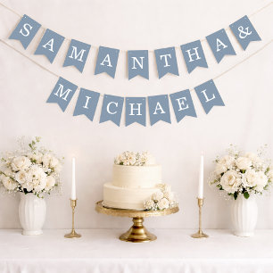 Bannière À Fanions Mariage Simple Noms des Mariés Bleu Poussiéreux