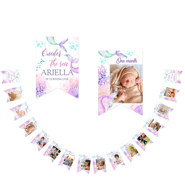 Bannière À Fanions Mermaid 1er anniversaire Photo Jalon rose (Créateur téléchargé)