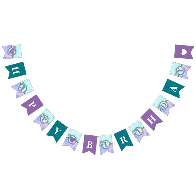 Bannière À Fanions Mignonne sirène Turquoise et violette Joyeux anniv (Tout)