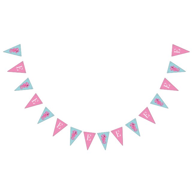 Bannière À Fanions Monogramme Hippocampe Rose Et Bleu Sous La Mer (Tout)