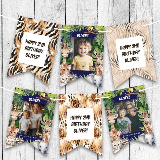 Bannière À Fanions Navy Blue Boy Safari Jungle Photo Anniversaire (Navy Blue Safari Animals Themed Any Age BIrthday Photo Bunting flags.)