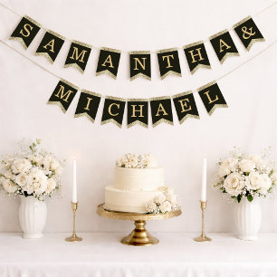 Bannière À Fanions Noms de mariage noir or élégant floral vintage B