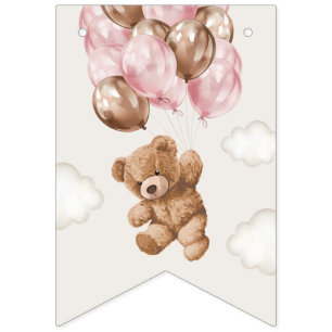 Bannière À Fanions Nounours en peluche, Ballons roses, Premier annive