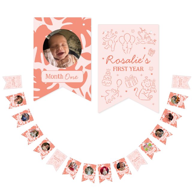 Bannière À Fanions Party Animals Girl's First Birthday Photo Collage (Jungle Party Animals First Year Photo Collage Banner)