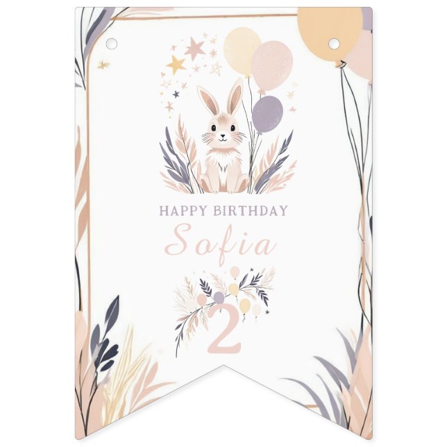 Bannière À Fanions Pastel Boho Rabbit et Ballons Anniversaire (Premier drapeau)