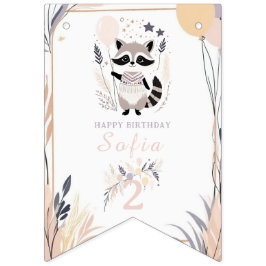 Bannière À Fanions Pastel Boho Raccoon et Ballons Anniversaire
