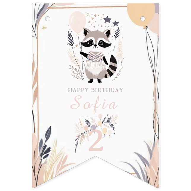 Bannière À Fanions Pastel Boho Raccoon et Ballons Anniversaire (Premier drapeau)