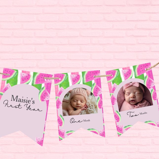 Bannière À Fanions Pastèque sur mesure 1er anniversaire 12 Photo (Custom Watermelon 1st Birthday 12 Photo Bunting Flags)
