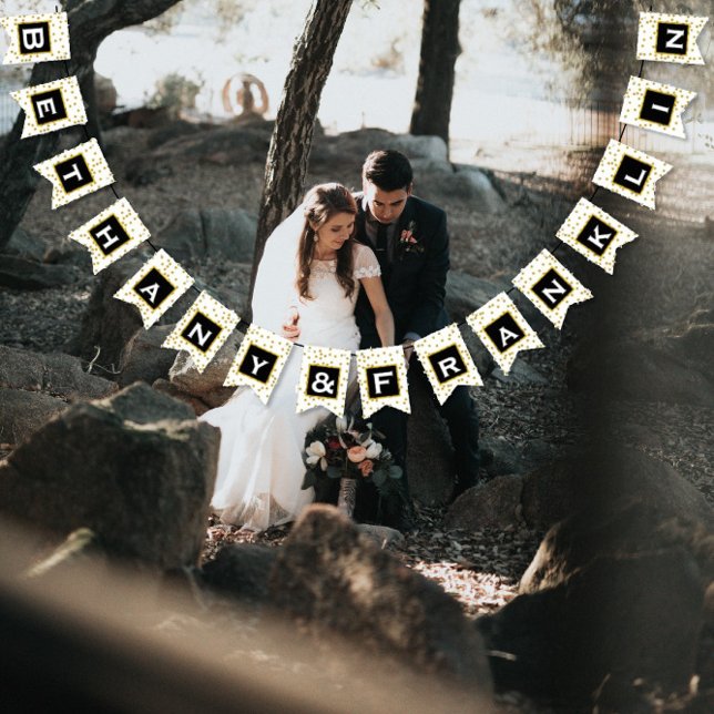 Bannière À Fanions Personnalisez le Mariage de points Polka Noir et B (Créateur téléchargé)