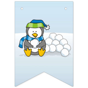 Bannière À Fanions Petit pingouin assis avec des boules de neige
