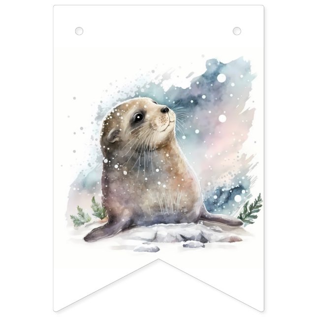 Bannière À Fanions Phoque d'aquarelle Vibes d'hiver - Anniversaire (Seizième drapeau)